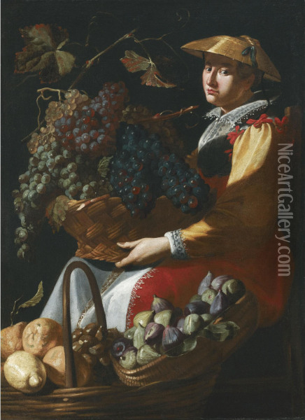 A Lady Selling Fruit, Including Figs, Lemons And Grapes Oil Painting - Giacomo Legi