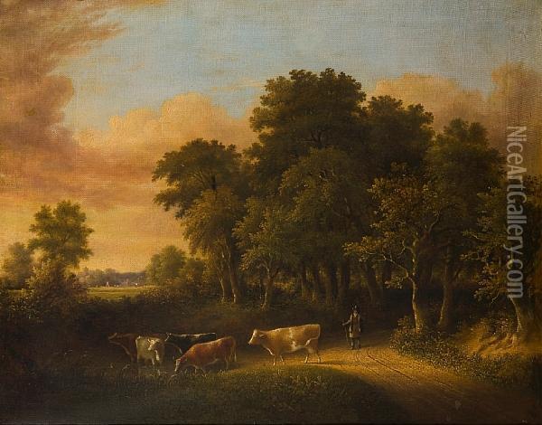 Cattle On A Wooded Path Oil Painting - James Stark