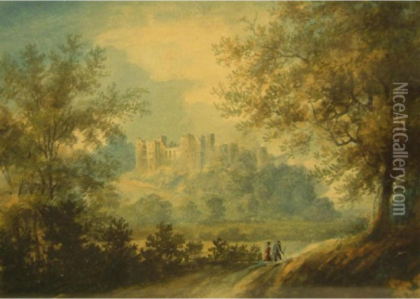 Two Figures On A Pathwith Ludlow Castle Beyond, Labelled Verso Oil Painting - William Ward Gill