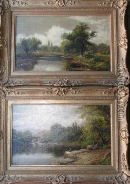 River Landscapes Depicting Fishermen Oil Painting - John Barclay