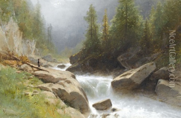 Wilder Gebirgsbach Bei Zermatt Mit Wanderer Oil Painting - Gustave Eugene Castan