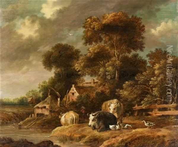 Landscape With Cows And Ducks By A Pond Oil Painting - Gillis Claesz De Hondecoeter
