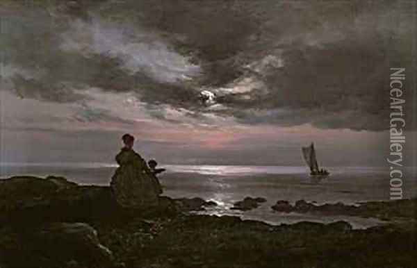 Mother and Child by the Sea Oil Painting - Johan Christian Clausen Dahl