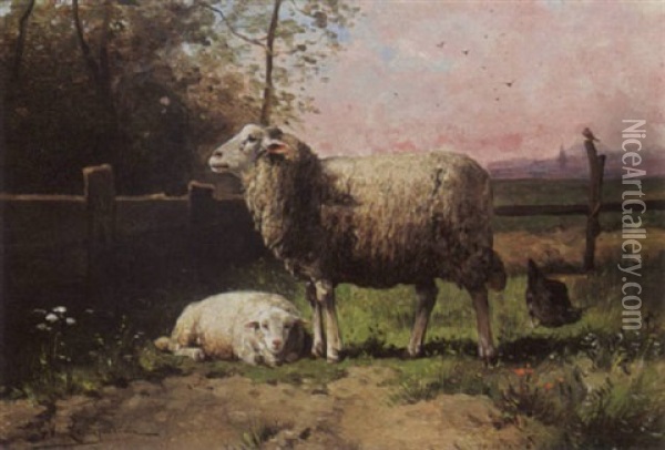 Sheep In A Landscape Oil Painting - Frans Van Leemputten