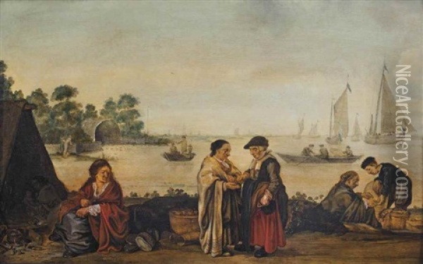 A River Landscape With A Fisher Woman Giving A Coin To A Gypsy Oil Painting - Arent (Cabel) Arentsz