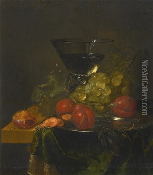 Still Life Of A Glass, With Peaches, Shrimps And Grapes On A Pewter Dish Oil Painting - Pieter de Ring