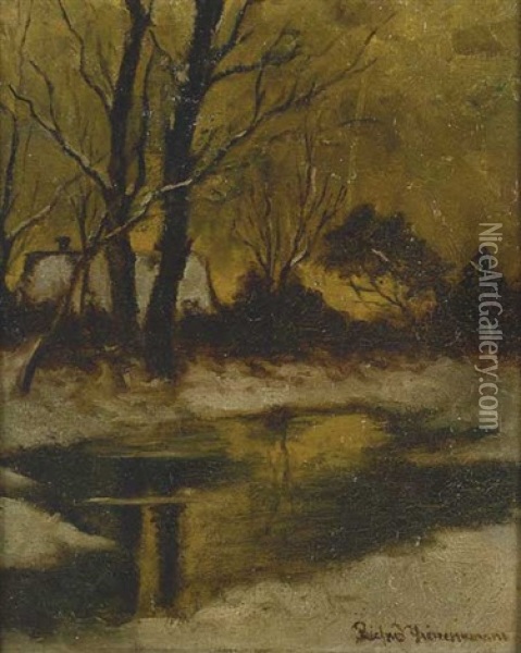 Teils Zugefrorener See Mit Bauernhaus Im Hintergrund Oil Painting - August Richard Zimmermann