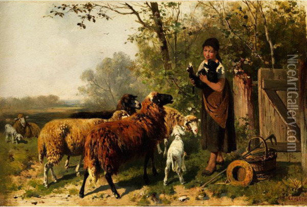 Die Fursorgliche, Junge Schaferin Oil Painting - Friedrich Otto Gebler