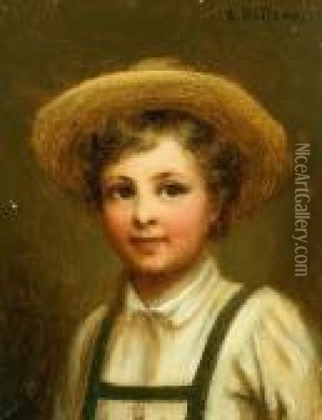Portrait Eines Lachelnden Knableins Mit Strohhut Oil Painting - Alois Binder