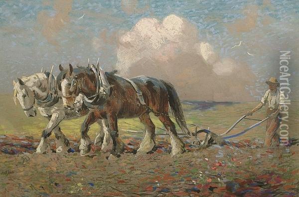 A Plough Team At Work Oil Painting - Frederick Hall