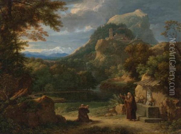 Saint Anthony Of Padua Introducing Two Novices To Friars In A Mountainous Landscape Oil Painting - Francois-Xavier Fabre