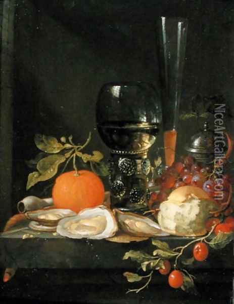 Still Life of Oysters, Grapes, Bread and Glasses on a Ledge Oil Painting - Jacob van Walscapelle