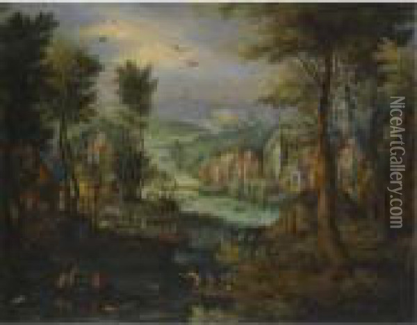A River Landscape With Figures Bathing And A Village Beyond Oil Painting - Jan The Elder Brueghel