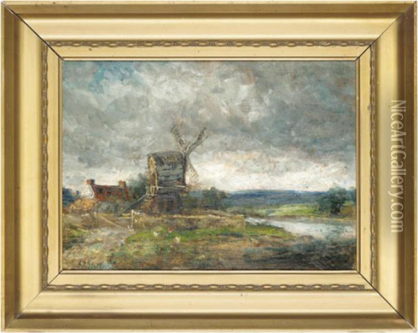 A Windmill Beside The River Oil Painting - John Falconar Slater