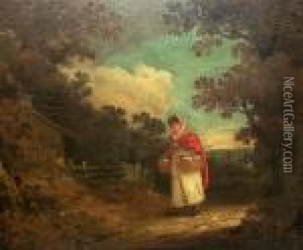 Woman Carrying A Basket By A Cottage In A Wooded Landscape Oil Painting - George Morland