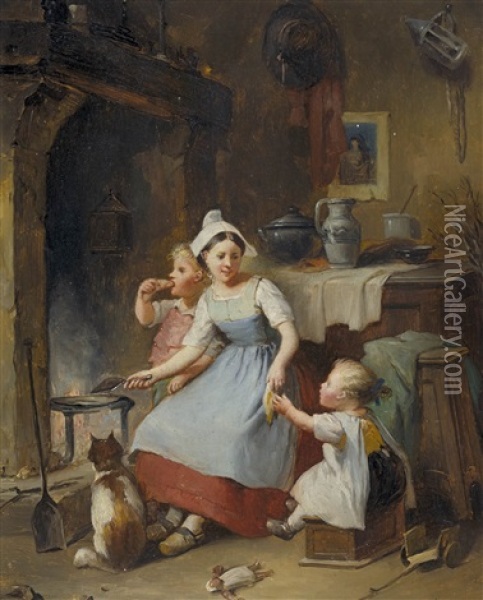 Kucheninterieur Mit Mutter Und Ihren Kindern (pair) Oil Painting - Francois-Louis Lanfant