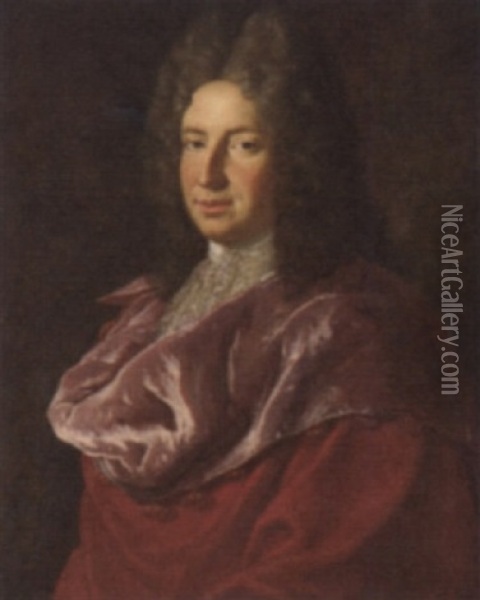 Portrait Of A Gentleman In A Red Robe Oil Painting - Hyacinthe Rigaud