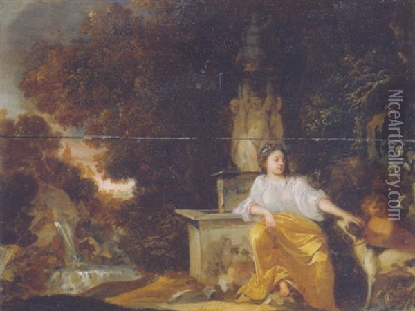 A Nymph Seated By A Fountain, On A Cliff, In An Italianate Landscape Oil Painting - Dirck Van Der Lisse