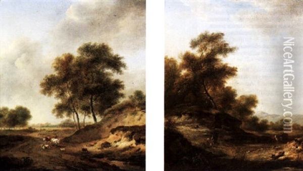 A Dune Landscape With A Figure Herding Cattle And Sheep Oil Painting - Johannes I Janson