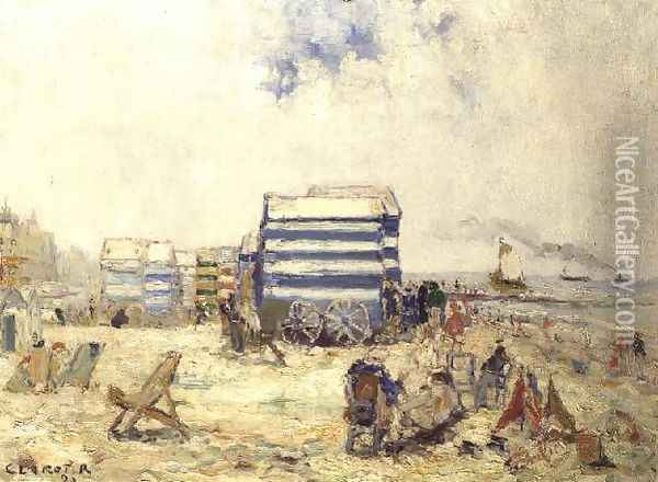 Bathing Huts on the Beach, 1920 Oil Painting - R. Clarot