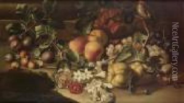 Plums, Peaches, A Pomegranate 
And Grapes Beside A Sprig Of Jasmine With A Goldfinch On A Rocky Ledge Oil Painting - Abraham Brueghel