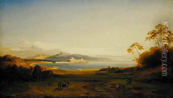 Bay and Harbour in Corfu, c.1842 Oil Painting - Carl Rottmann