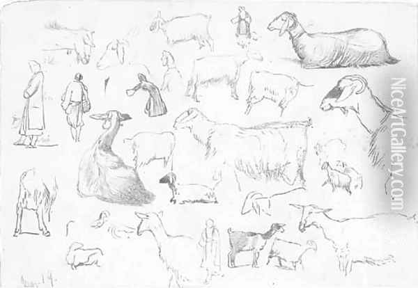 Studies of sheep and herdsmen Oil Painting - Edward Lear