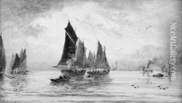 The Fishing Fleet Becalmed Off Whitby; And Unloading The Day'scatch Oil Painting - George Weatherill