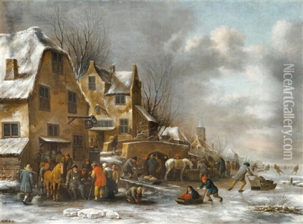 Winter Landscape With Peasants And Ice Skaters By A Tavern Oil Painting - Nicolaes Molenaer