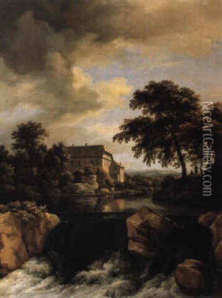 River Scene With A Waterfall Oil Painting - Jacob Van Ruisdael