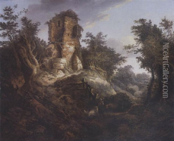Paysage Boise Et Accidente Agremente De Ruines Avec Berger Et Troupeau Oil Painting - Louis-Philippe Crepin