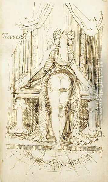 Callipyga Mrs Fuseli with her skirts lifted to her waist standing before a dressing table with phallic supports Oil Painting - Johann Henry Fuseli