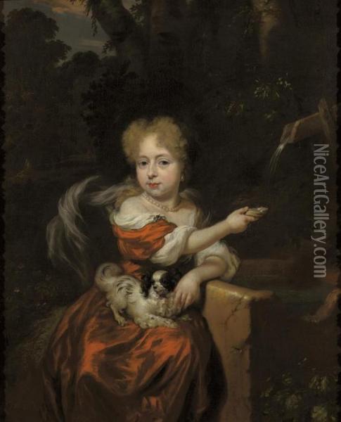 Portrait Of A Girl, 
Three-quarter Length, In A Red Satin Dress By A Fountain, A Dog On Her 
Lap Oil Painting - Nicolaes Maes