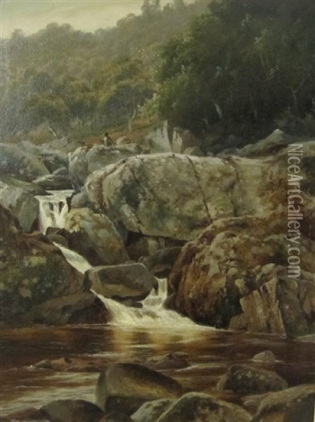 A Rocky River Landscape With Angler Oil Painting - William Henry Mander