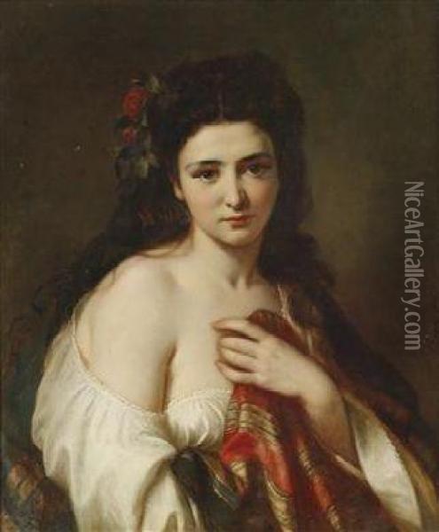 Portrait Of A Maiden With Roses In Her Hair Oil Painting - Karl Adolf Gugel
