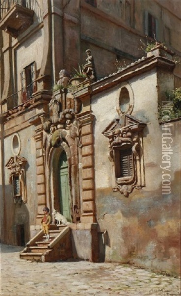 A Boy And His Dog On A Staircase In Rome Oil Painting - Niels Frederik Schiottz-Jensen