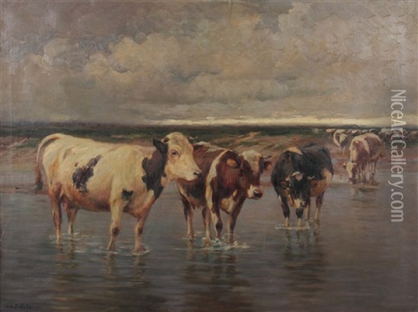 Kuhe Im Wasser Oil Painting - Johann Daniel Holz