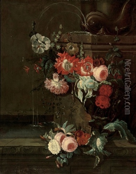An Iris, Ornamental Poppies, Roses, Hollyhocks And Other Flowers Decorating A Classical Fountain Oil Painting - Pieter Casteels III