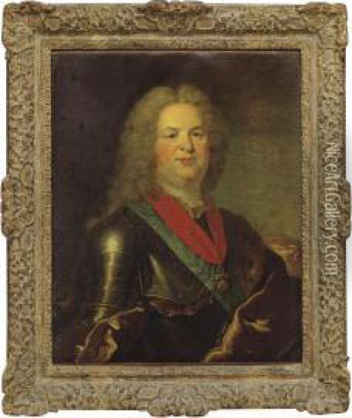 Portrait Of A Nobleman Wearing A Wig And Armor Oil Painting - Ircle Of Martin Van Mytens