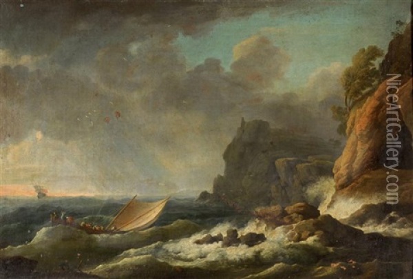 Barque En Perdition Pres D'une Cote Rocheuse Oil Painting - Pierre-Joseph Wallaert