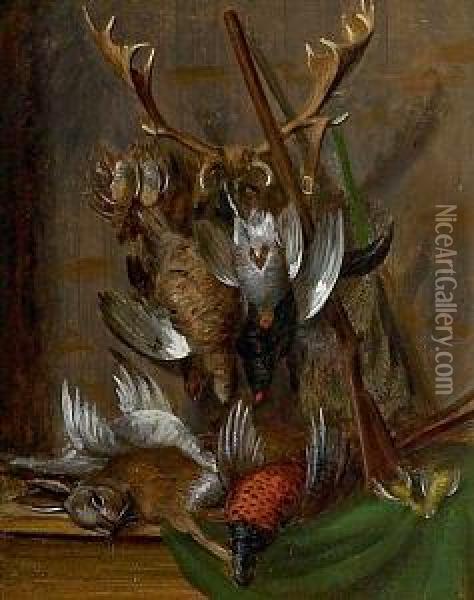 Still Life With Birds And A Rabbit. Signed On The Back W. Hammer Oil Painting - William Hammer
