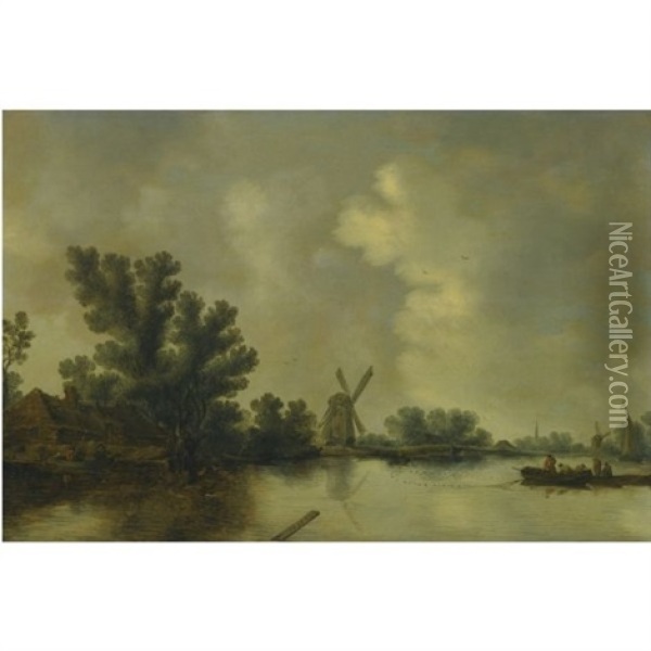 A River Landscape With Fishermen Casting Their Net, A Windmill Beyond Oil Painting - Pieter de Neyn