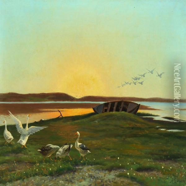 Landscape With Geese In The Sunset Oil Painting - Adolf Larsen