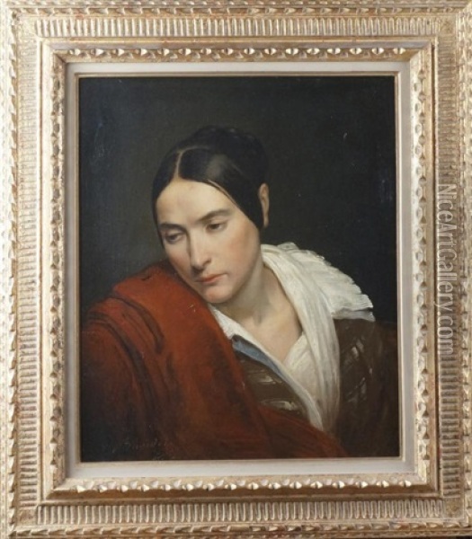 Portrait De Femme A La Robe Rouge Oil Painting - Merry-Joseph Blondel