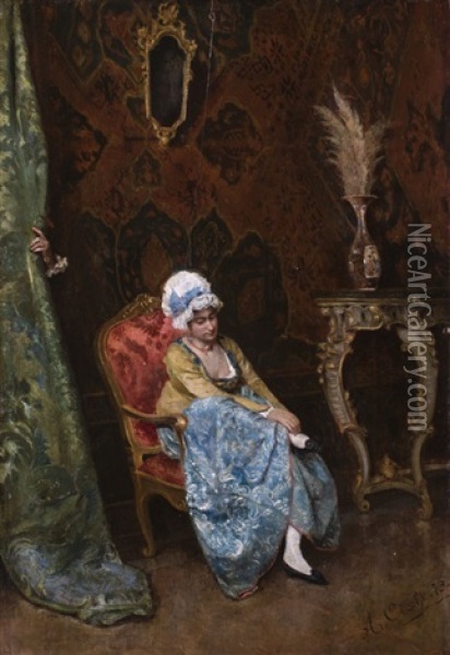 Junge Frau Im Salon, Von Einem Herrn Belauscht Oil Painting - Adriano Cecchi