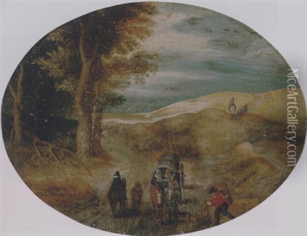 A Hilly Landscape With A Horse-drawn Cart And Other Travellers On A Track At The Edge Of A Wood Oil Painting - Jan Brueghel the Elder