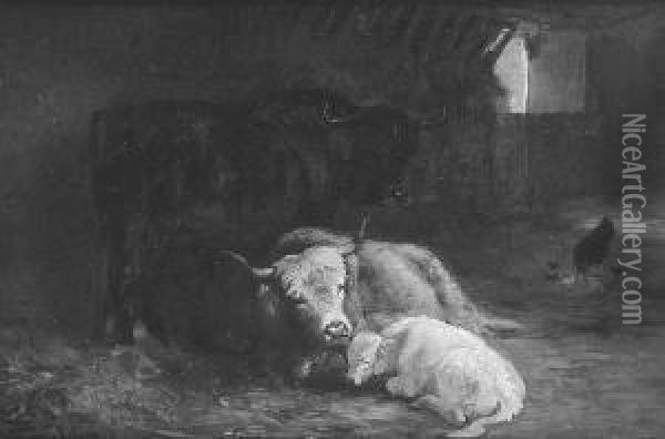 Cattle In A Barn Oil Painting - Joseph Denovan Adam