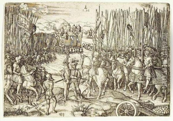 Two Armies Preparing For The 
Battle. Etching On Iron, Ca. 1530 After Agostino Veneziano. State Ii Oil Painting - Hieronymus Hopfer