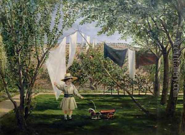A Garden Scene with a boy the artists son George Dunlop Leslie Oil Painting - Charles Robert Leslie