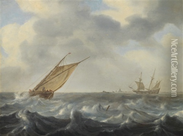 Ein Fischkutter Und Ein Zweimaster Auf Bewegter See In Kustennahe Oil Painting - Arnoldus van Anthonissen